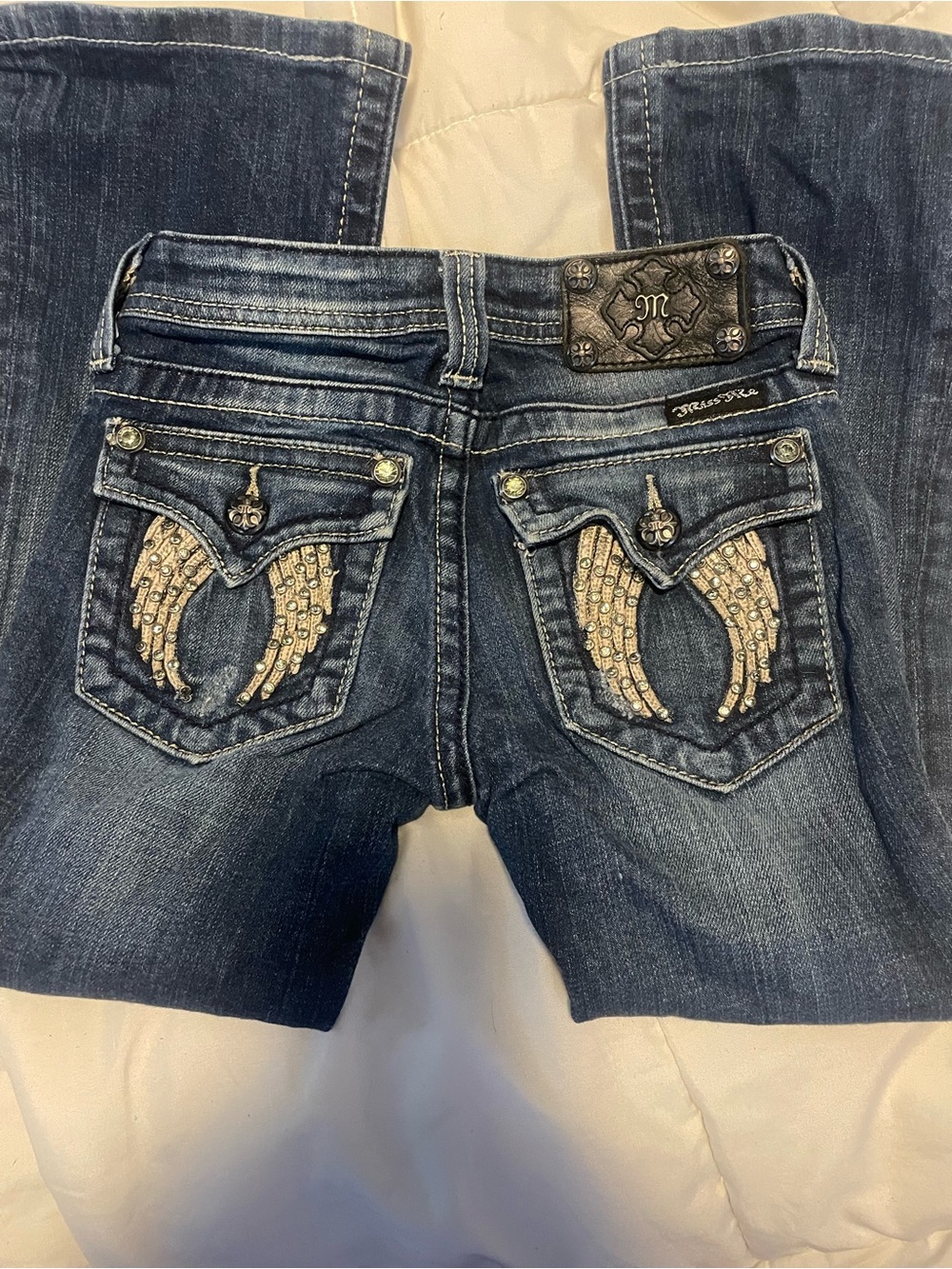 Miss me girls size 8 rhinestone wing pockets distressed bootcut rocker denim